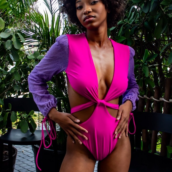 PORSHIA brand pink and purple Monokini with mesh sleeves and cutouts. NWT. - Picture 12 of 17